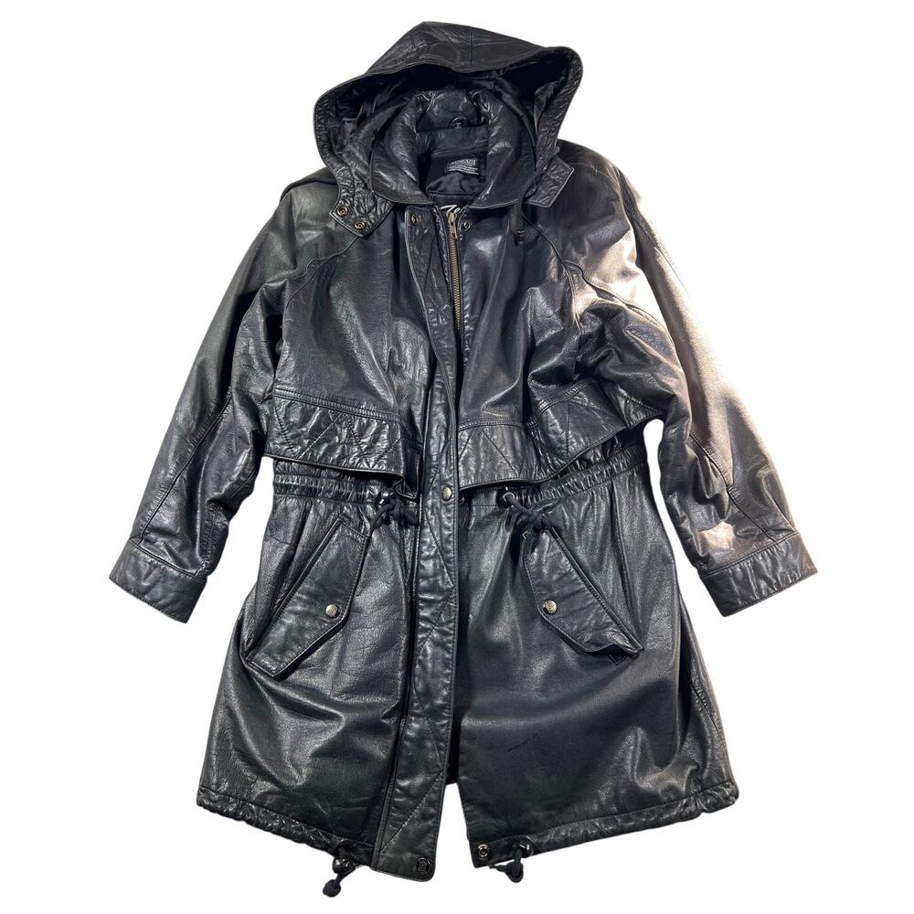 Zenia Womens Medium Black Leather Long Coat Hood Thermolite Lined
